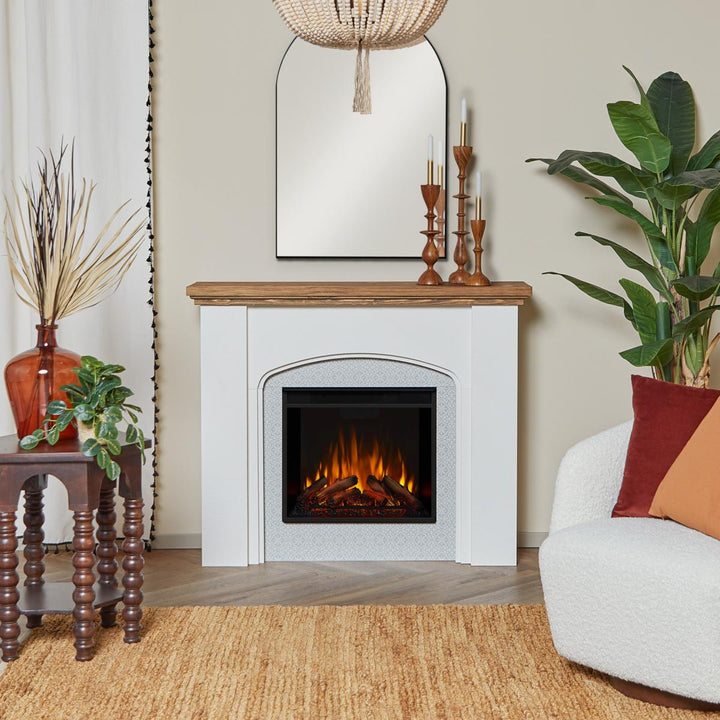 Real Flame 13051E-WSTC Anika boho electric fireplace mantel with tile trim
