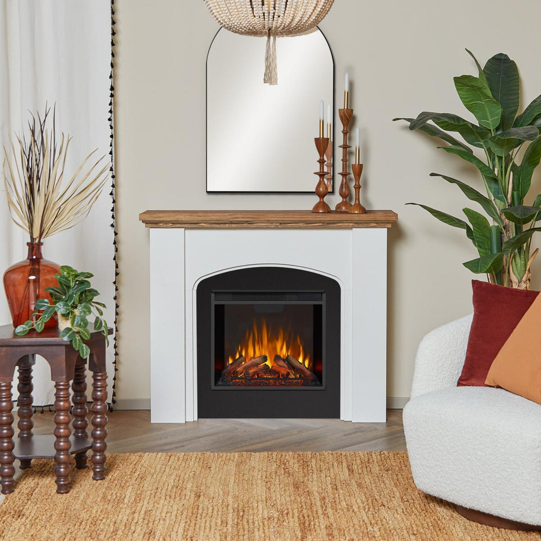 Real Flame 13051E-WSTC Anika boho electric fireplace mantel with black trim