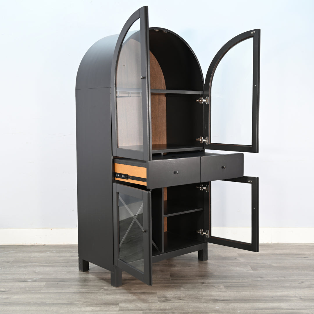 Sunny Designs Black Arched Wine Bar Cabinet 2117BL with cabinet doors and drawers open