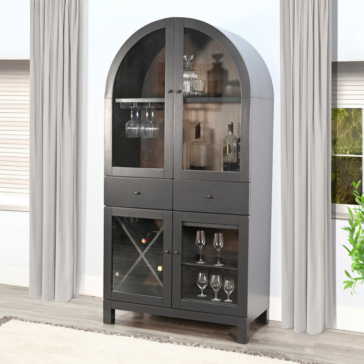 Sunny Designs Black Arched Wine Bar Cabinet 2117BL in home with wine glasses and bottles in cabinet