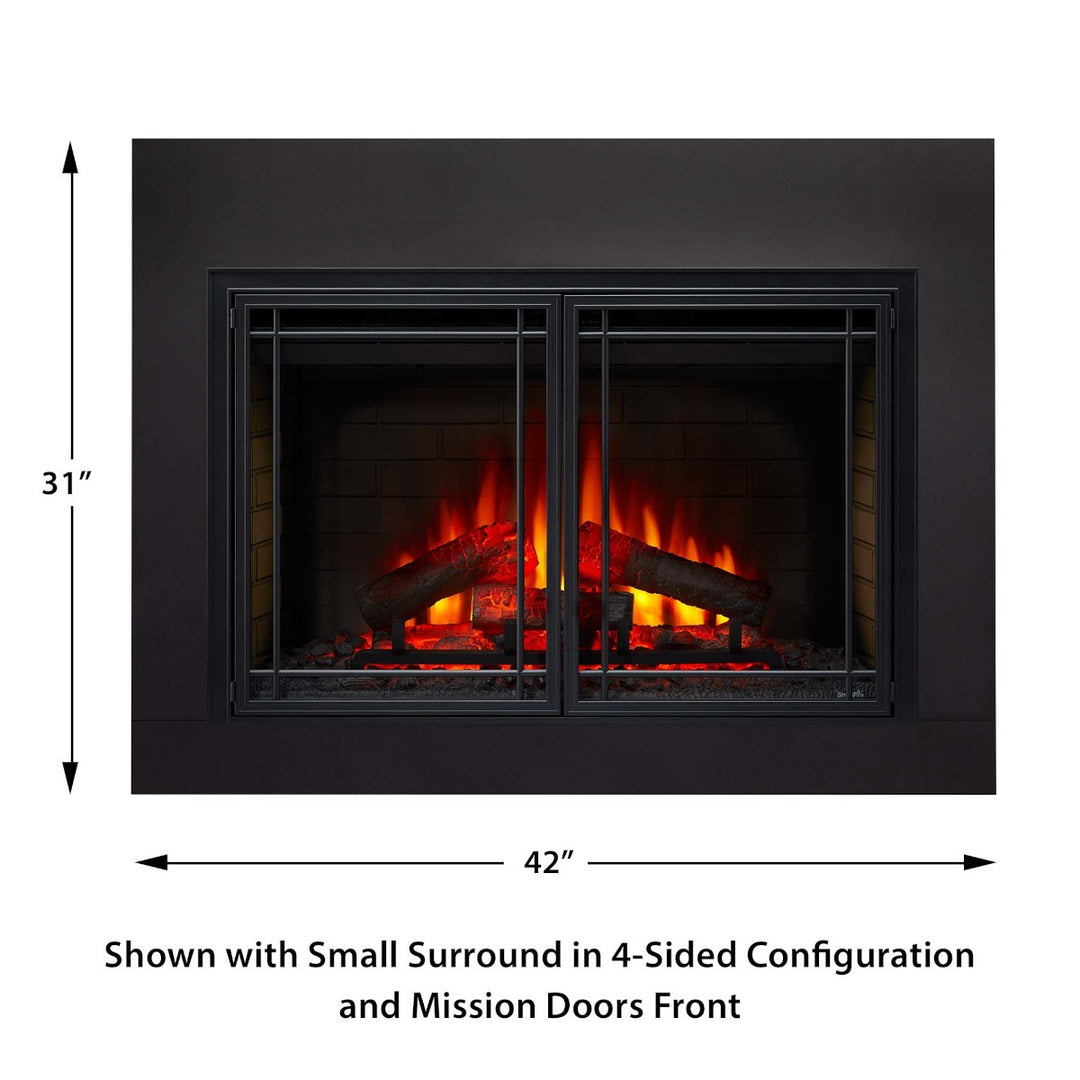 SimpliFire 35" Electric fireplace insert SF-INS35 with small 4-sided trim kit and mission door front