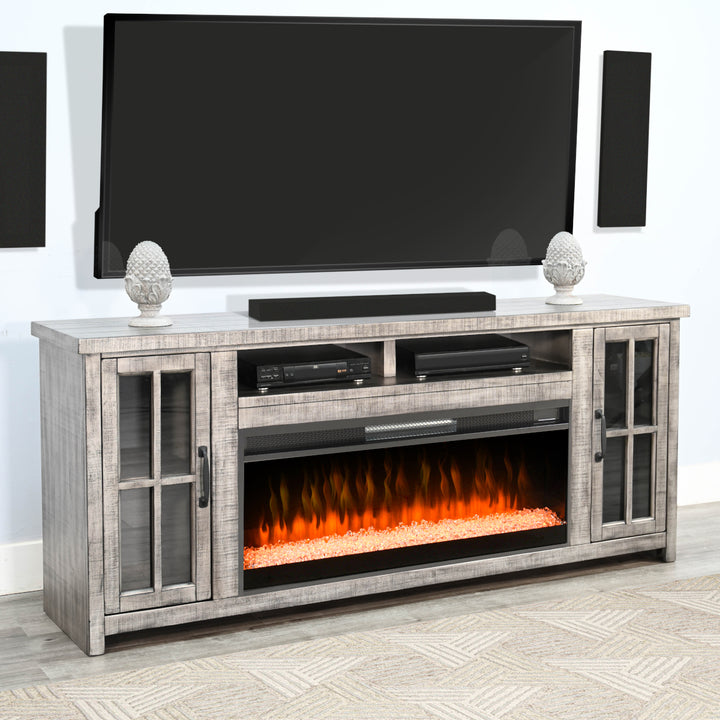 Sunny Designs 76" Alpine Grey Media Console with Electric Fireplace K3662AG-76C in room with TV
