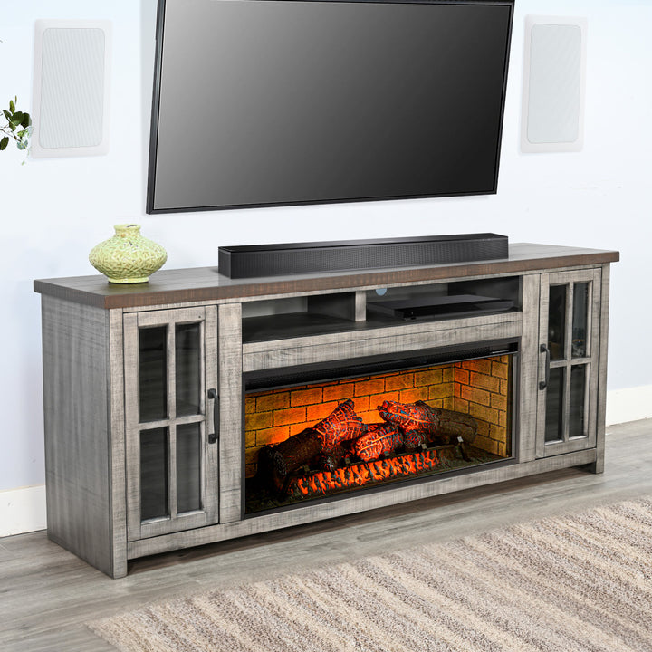 Sunny Designs 76" Media Console in Tobacco Leaf and Alpine Grey finish with an Electric Fireplace insert with log media K3662TA-76W
