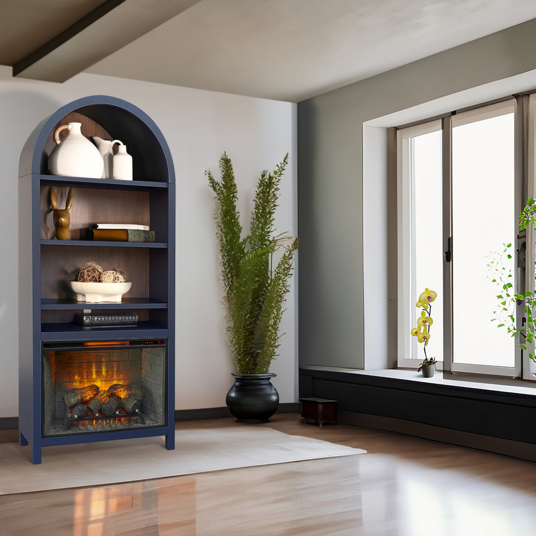 Sunny Designs 37" Arch Bookcase with Electric Fireplace Insert K3681BL-S in room with items in shelves