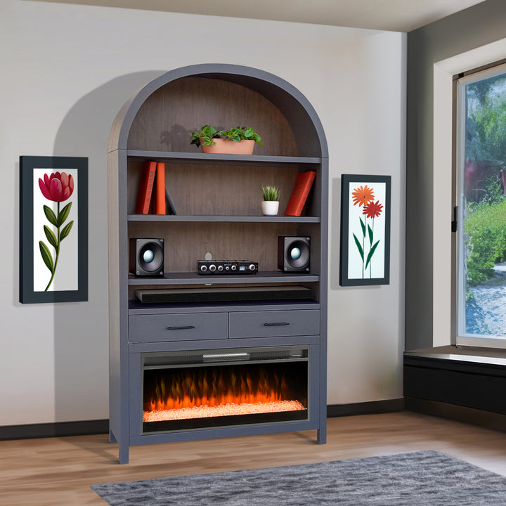 Sunny Designs 51.5"W Arch Bookcase w/Electric Fireplace Insert K3682UB-C in room, with items on shelf