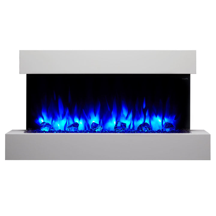 SimpliFire Format 36" Wall Mount Electric Fireplace - SF-FORMAT36 with white 43" floating wall mantel and blue flames