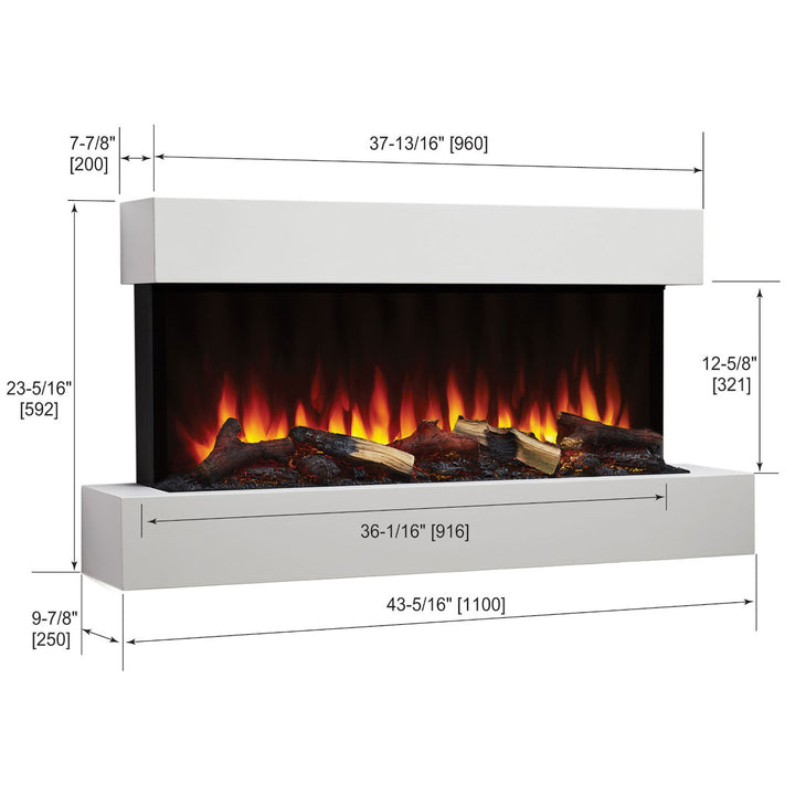 SimpliFire Format 36" Wall Mount Electric Fireplace - SF-FORMAT36 with white 43" floating wall mantel dimensions