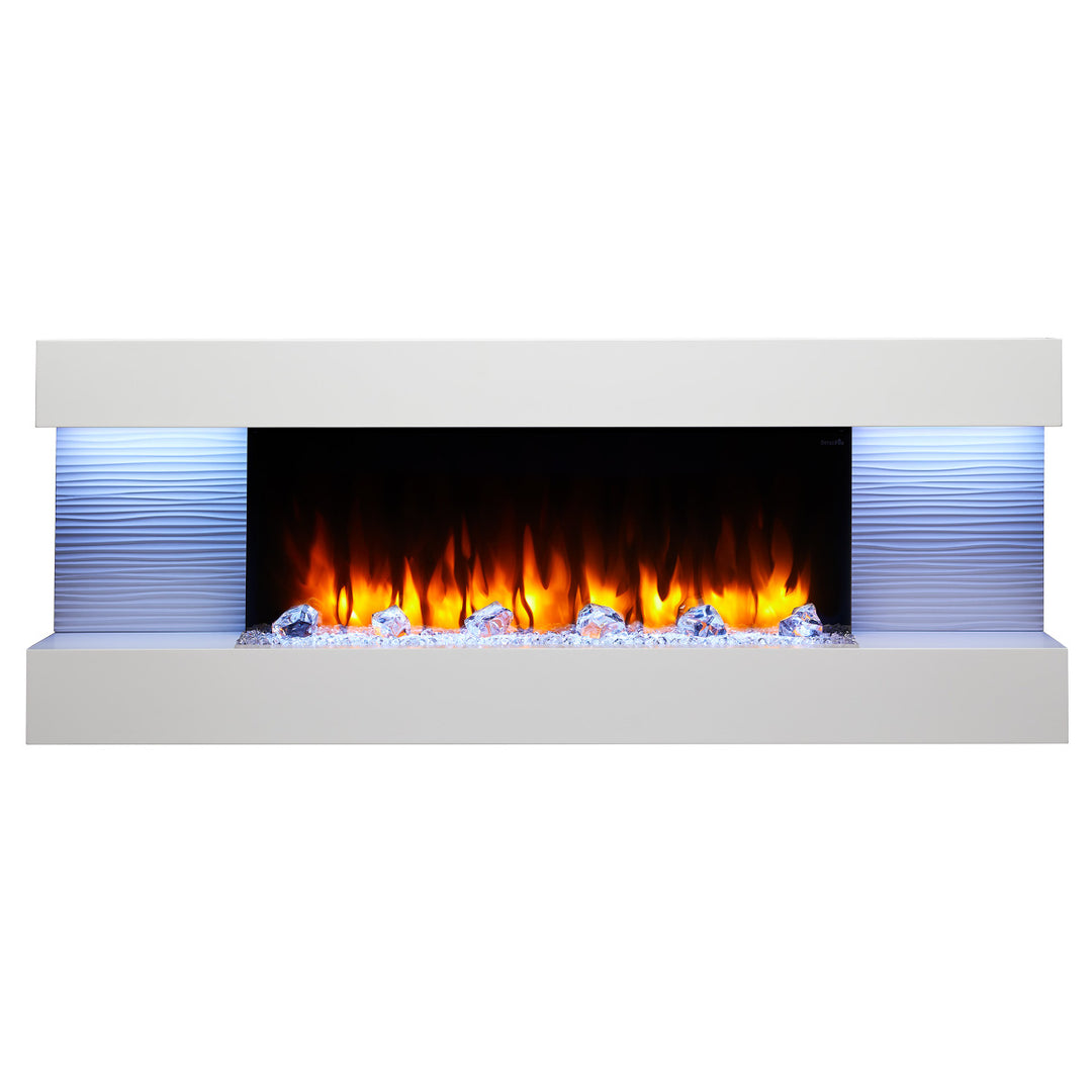 SimpliFire Format 36" Wall Mount Electric Fireplace - SF-FORMAT36 with white 60" floating wall mantel with crystals