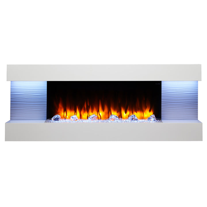 SimpliFire Format 36" Wall Mount Electric Fireplace - SF-FORMAT36 with white 60" floating wall mantel with crystals