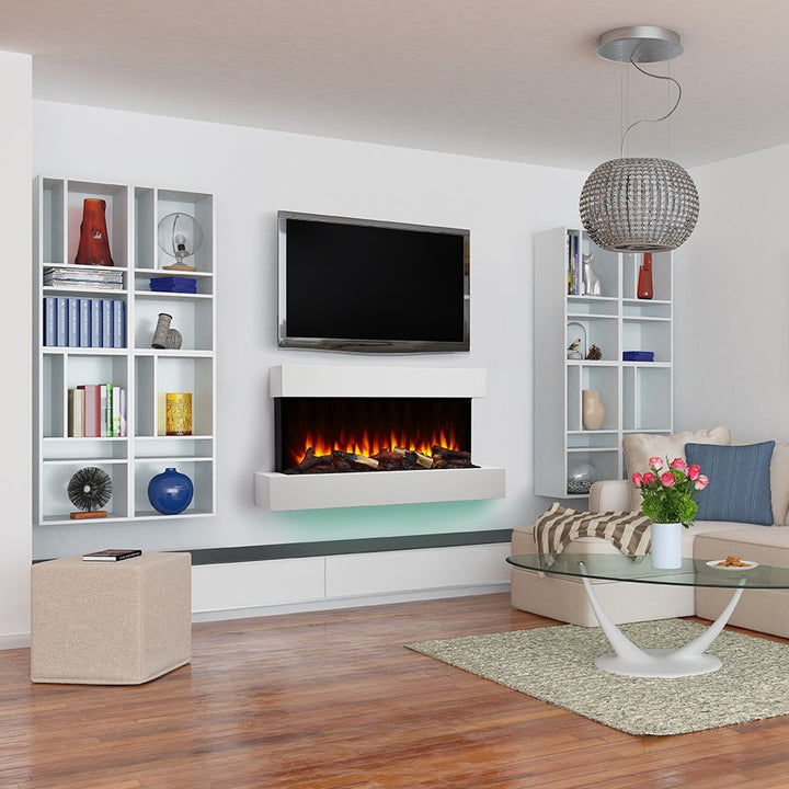 SimpliFire Format 36" Wall Mount Electric Fireplace - SF-FORMAT36 with white 43" floating wall mantel