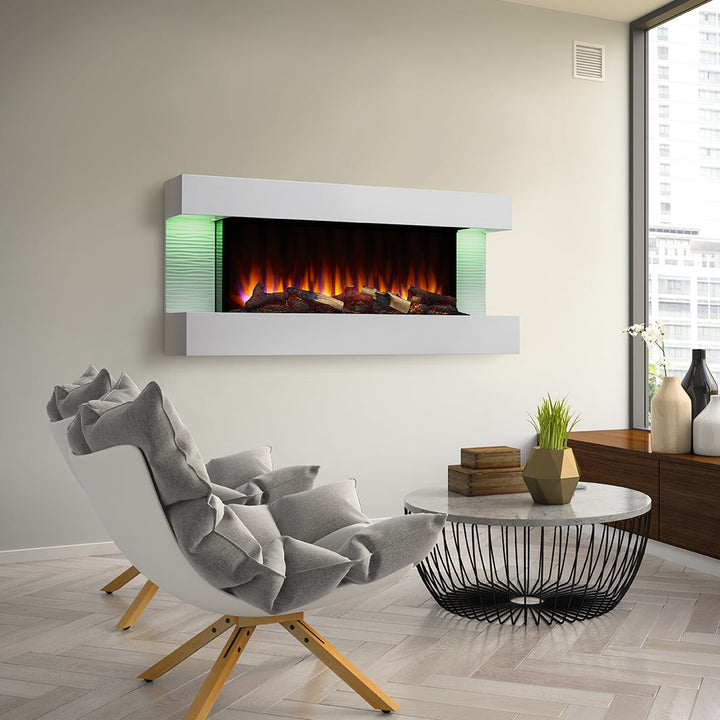 SimpliFire Format 36" Wall Mount Electric Fireplace - SF-FORMAT36 with white 50" floating wall mantel and green accent lighting