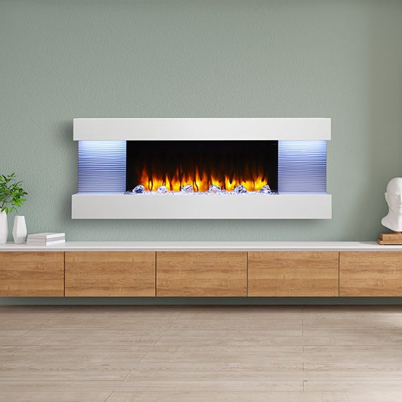 SimpliFire Format 36" Wall Mount Electric Fireplace - SF-FORMAT36 with white 60" floating wall mantel