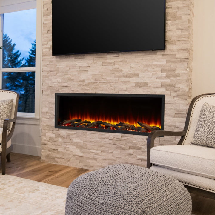 SimpliFire 55" Scion Trinity 3-Sided linear electric fireplace SF-SCT55-BK with single sided view install in living room