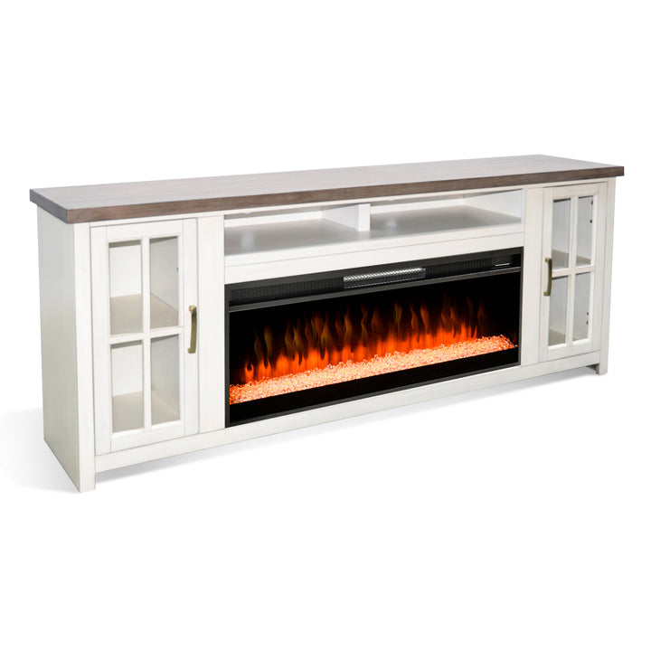 Sunny Designs 76" Media Console in Marble White and Buckskin finish with an Electric Fireplace insert with crystal media K3662MB-76C