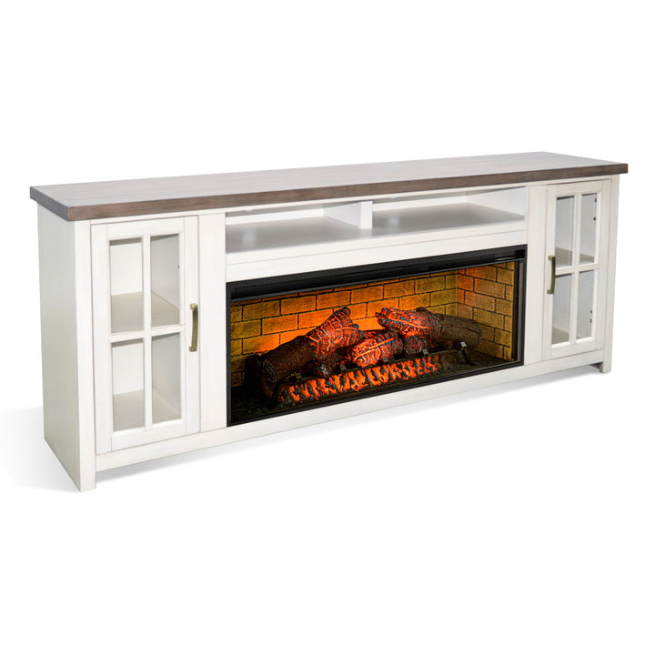 Sunny Designs 76" Media Console in Marble White and Buckskin finish with an Electric Fireplace insert with log media K3662MB-76W