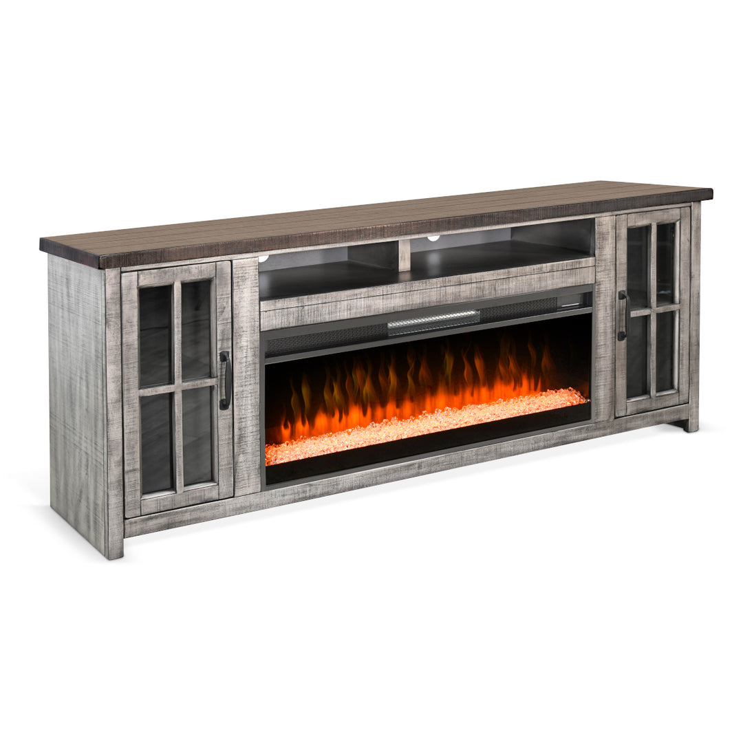 Sunny Designs 76" Media Console in Tobacco Leaf and Alpine Grey finish with an Electric Fireplace insert with crystal media K3662TA-76C