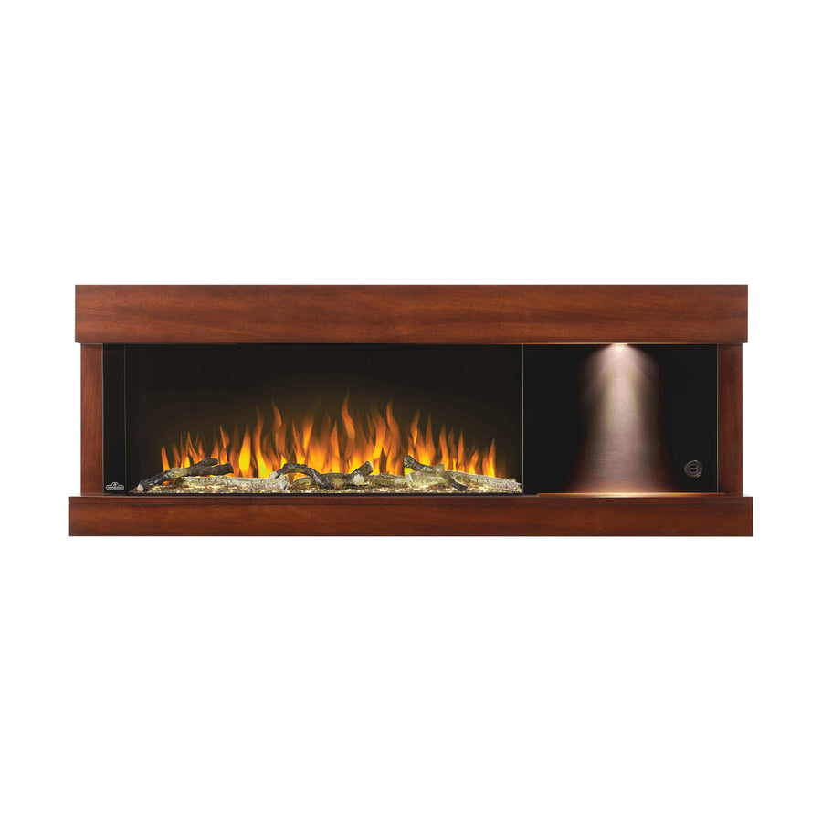 Napoleon Stylus Steinfeld wall-hanging electric fireplace NEFP32-5320BW with orange flames and accent light on