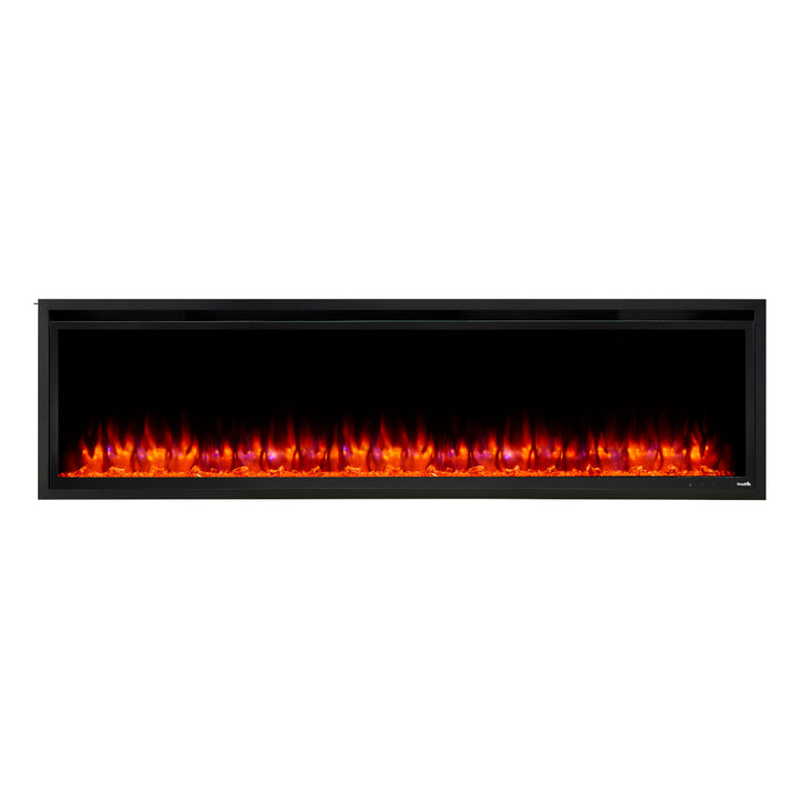 SimpliFire 72" Allusion Platinum linear built-in electric fireplace SF-ALLP72-BK with orange flames and embers