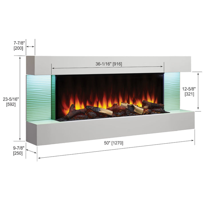SimpliFire Format 36" Wall Mount Electric Fireplace - SF-FORMAT36 with white 50" floating wall mantel dimensions