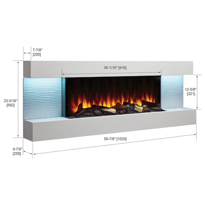 SimpliFire Format 36" Wall Mount Electric Fireplace - SF-FORMAT36 with white 60" floating wall mantel dimensions