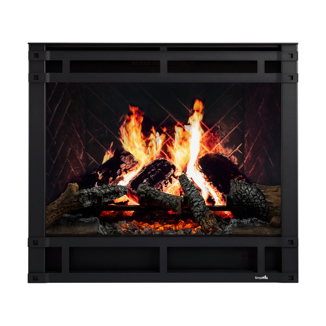 SimpliFire Inception 36" Built-In Electric Fireplace - SF-INC36 with Halston front and herringbone backdrop