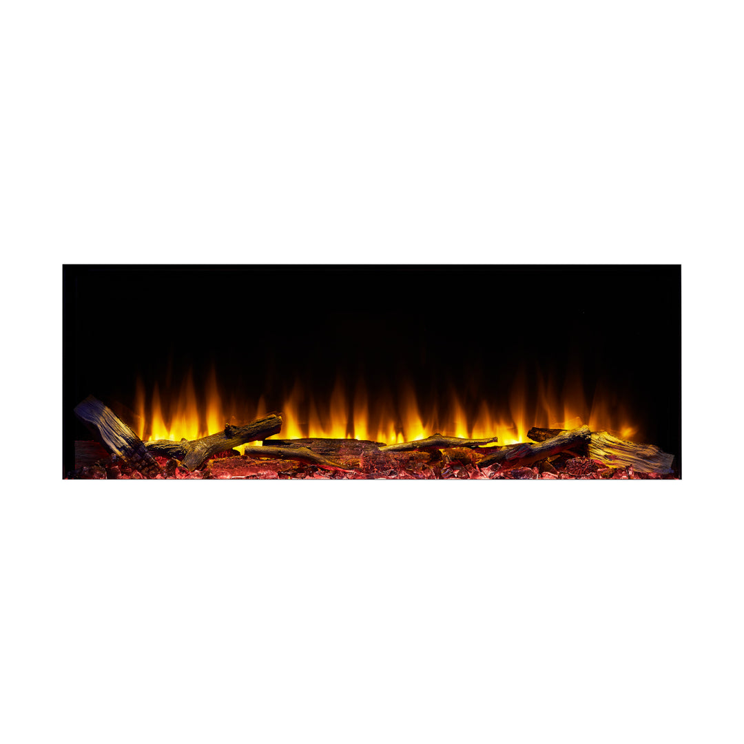 SimpliFire 43" Scion Trinity 3-sided linear electric fireplace SF-SCT43-BK with alpine timber logs and orange flames