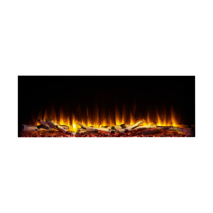 SimpliFire 43" Scion Trinity 3-sided linear electric fireplace SF-SCT43-BK with birch logs and orange flames