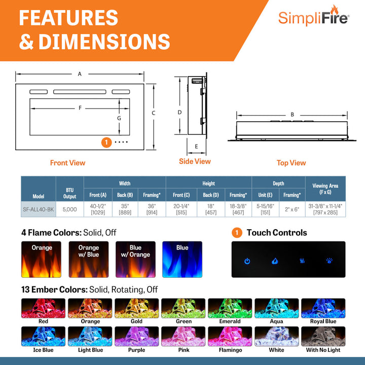 SimpliFire Allusion 40" electric fireplace SF-ALL40-BK features and dimensions