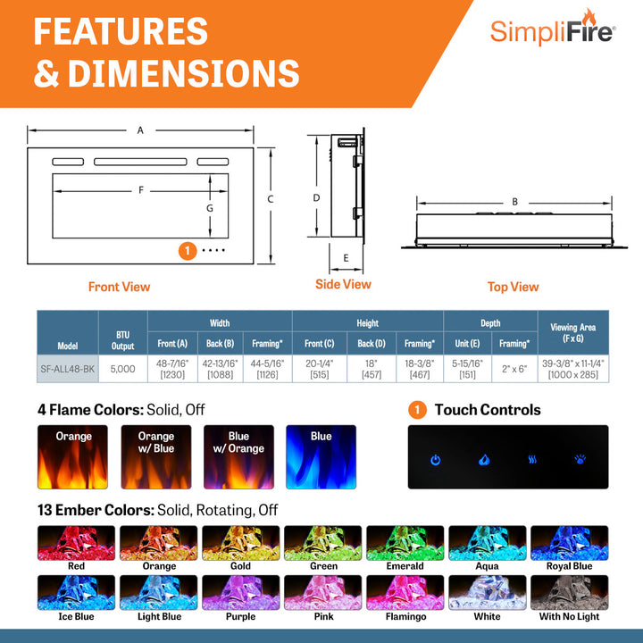 SimpliFire Allusion 48" Electric Fireplace SF-ALL48-BK features and dimensions sheet