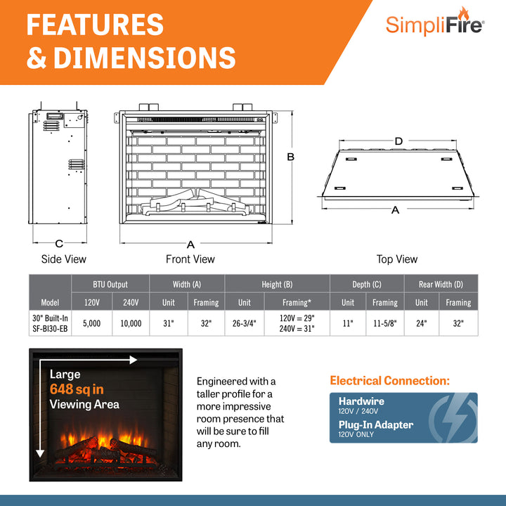 SimpliFire Built-In 30" Electric Fireplace - SF-BI30-EB