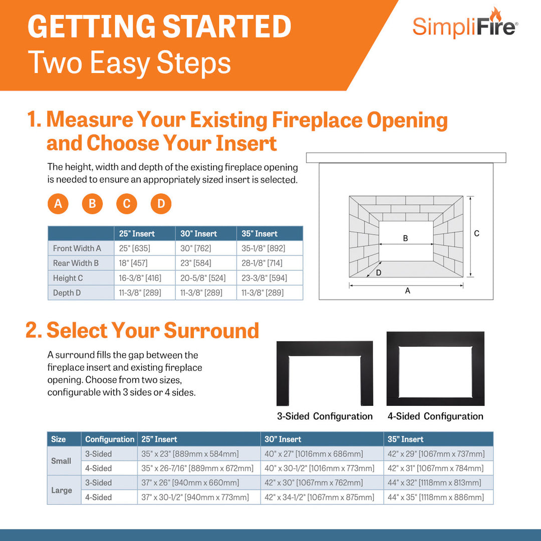 SimpliFire 25" Electric fireplace insert SF-INS25 converting to electric spec sheet