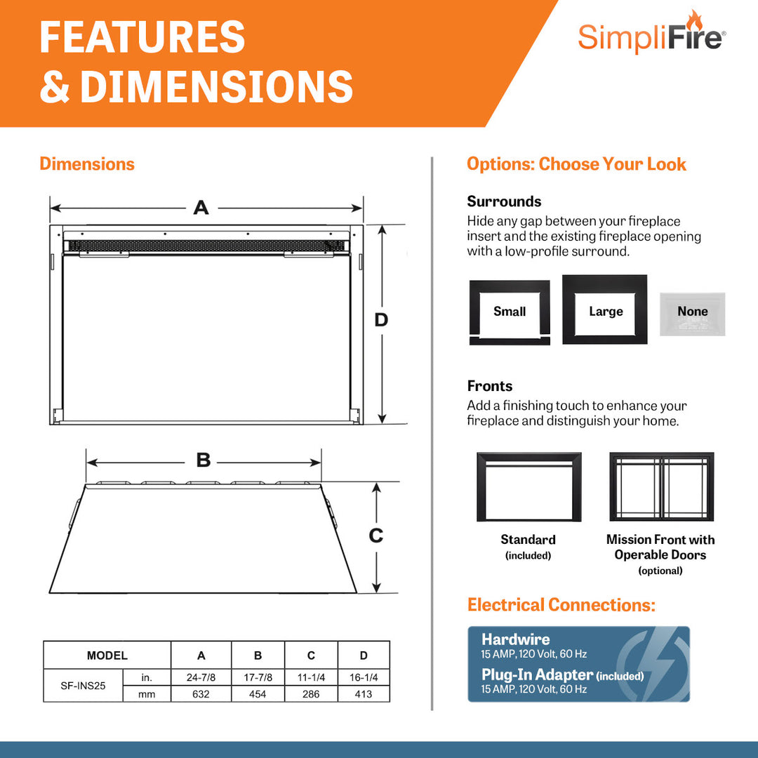 SimpliFire 25" Electric fireplace insert SF-INS25 features and dimensions