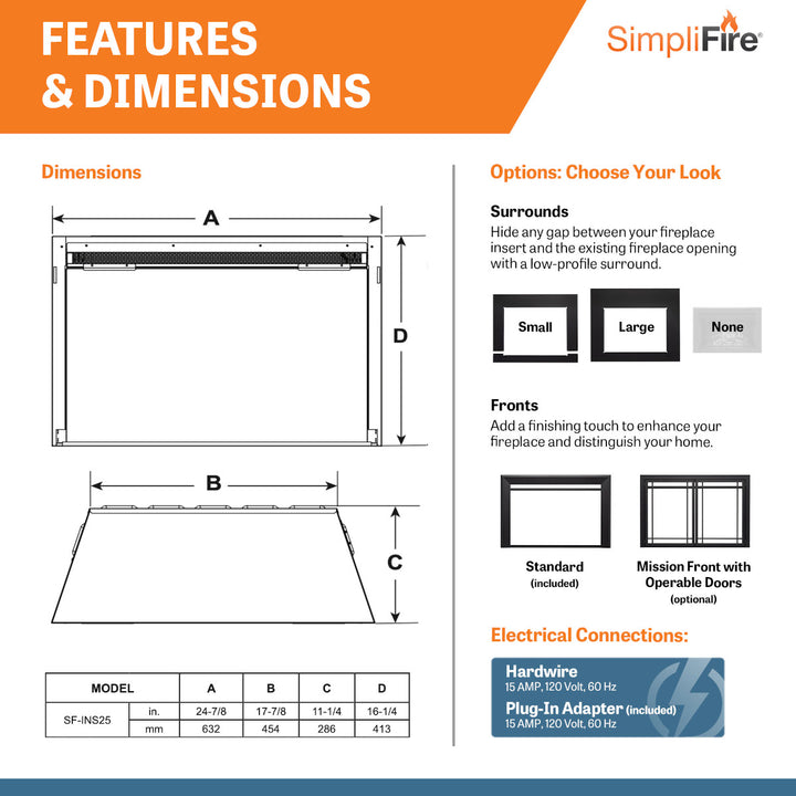 SimpliFire 25" Electric fireplace insert SF-INS25 features and dimensions
