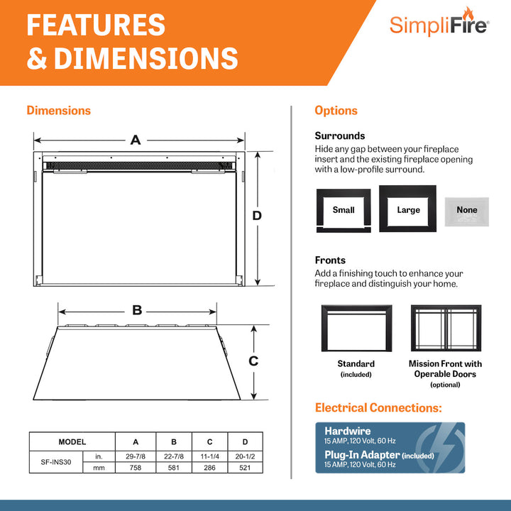 SimpliFire 30" Electric fireplace insert SF-INS30 features and dimensions