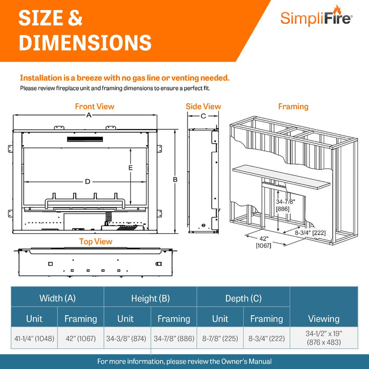 SimpliFire Inception 36" Built-In Electric Fireplace - SF-INC36 dimensions