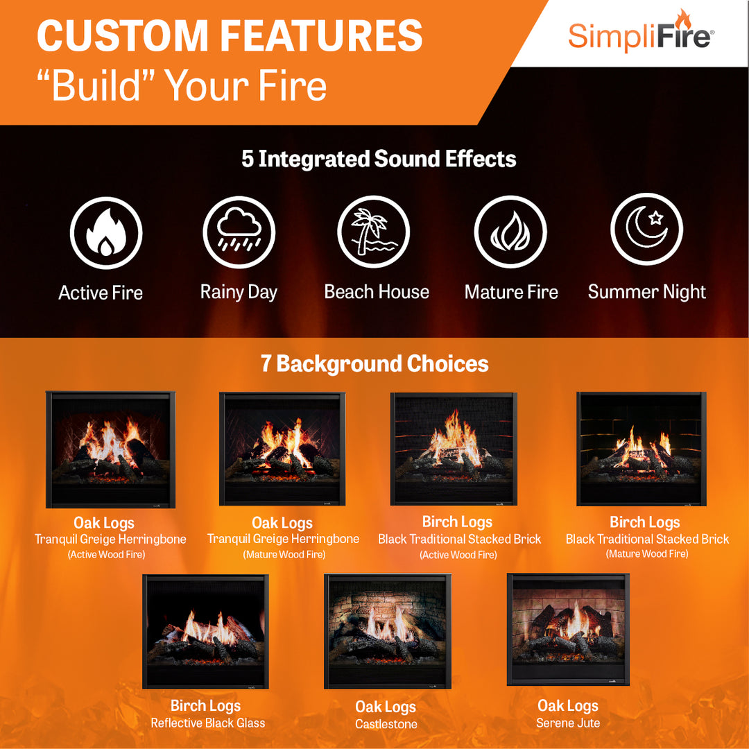 SimpliFire Inception 36" Built-In Electric Fireplace - SF-INC36 background and sound features