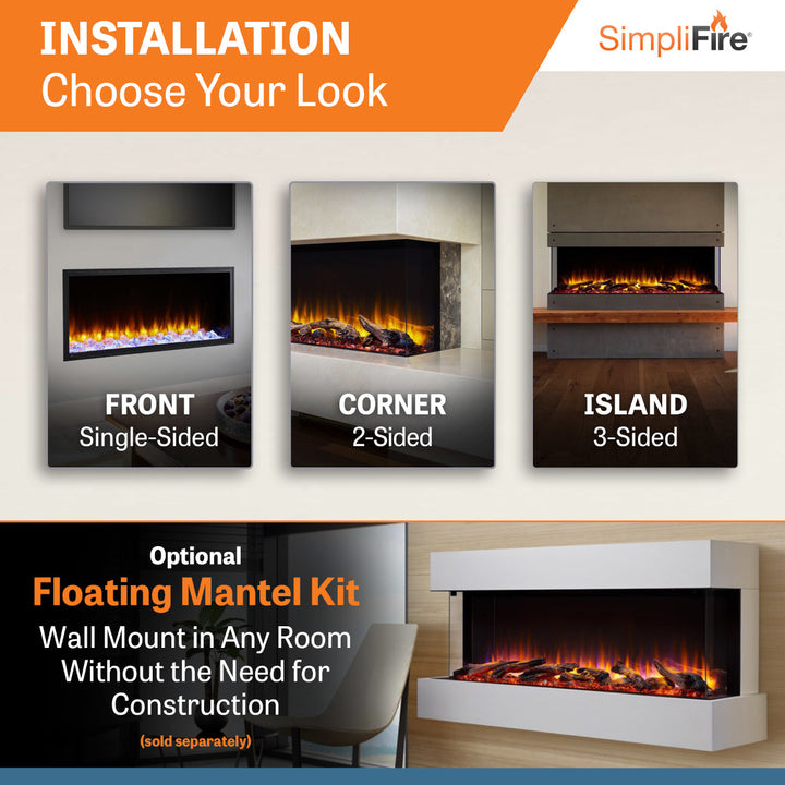 SimpliFire 43" Scion Trinity 3-sided linear electric fireplace SF-SCT43-BK install options