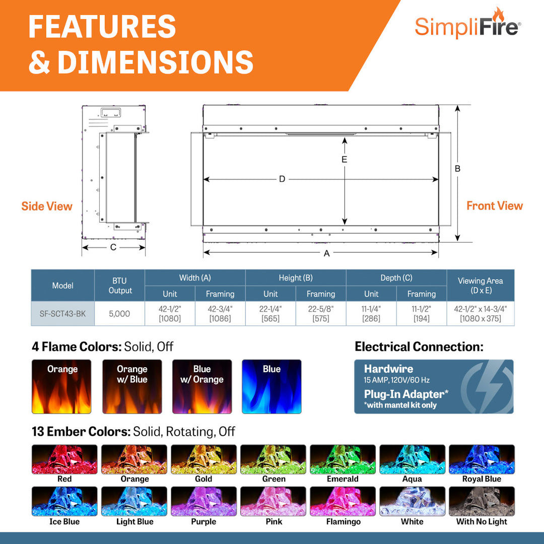 SimpliFire 43" Scion Trinity 3-sided linear electric fireplace SF-SCT43-BK features and dimensions