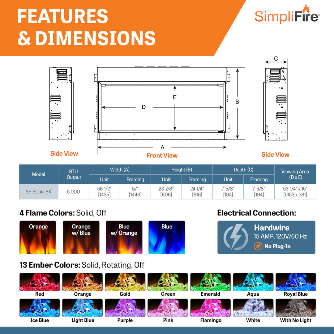 SimpliFire 55" Scion linear built-in electric fireplace SF-SC55-BK features and dimensions sheet