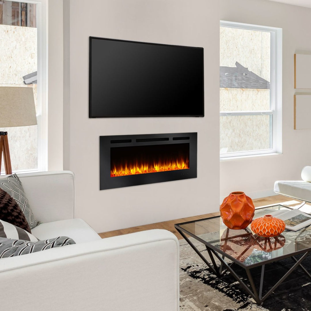 SimpliFire Allusion 40" electric fireplace SF-ALL40-BK with orange flames in living room