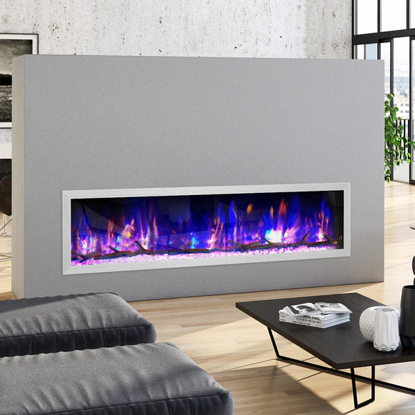 Dynasty 74" BTX74 Cascade smart linear electric fireplace with purple and blue flames
