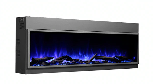 Dyansty Harmony BEF80 80" built-in linear electric fireplace with blue flames and logs
