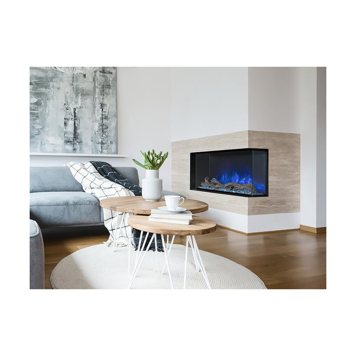 modern flames 44 inch linear electric fireplace installed in a wall with left corner open sided