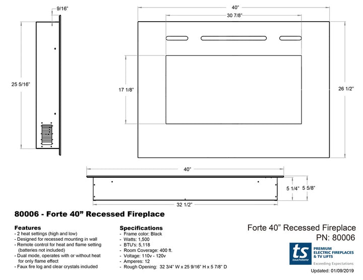 Touchstone 80006 Forte Linear Electric Fireplace Spec Sheet