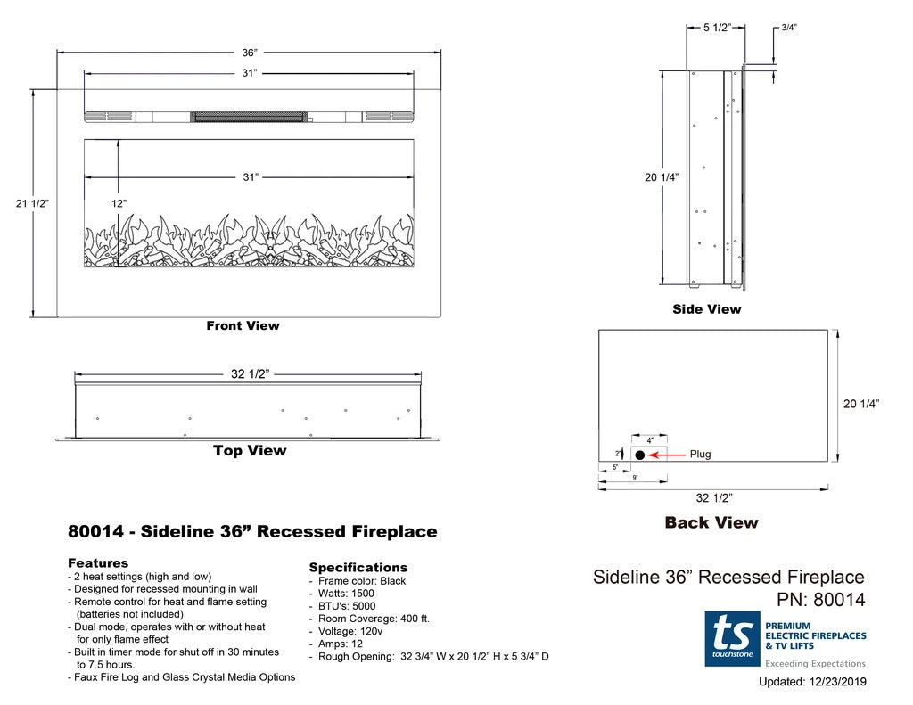 Touchstone Sideline 80014 Linear Electric Fireplace Spec Sheet