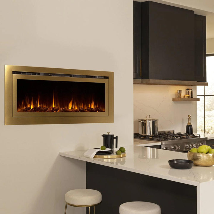 Touchstone Sideline 86275 recessed linear smart electric fireplace with gold surround in kitchen
