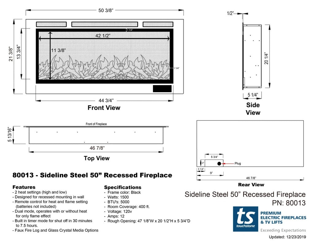 Touchstone Sideline 80013 50" linear electric fireplace spec sheet