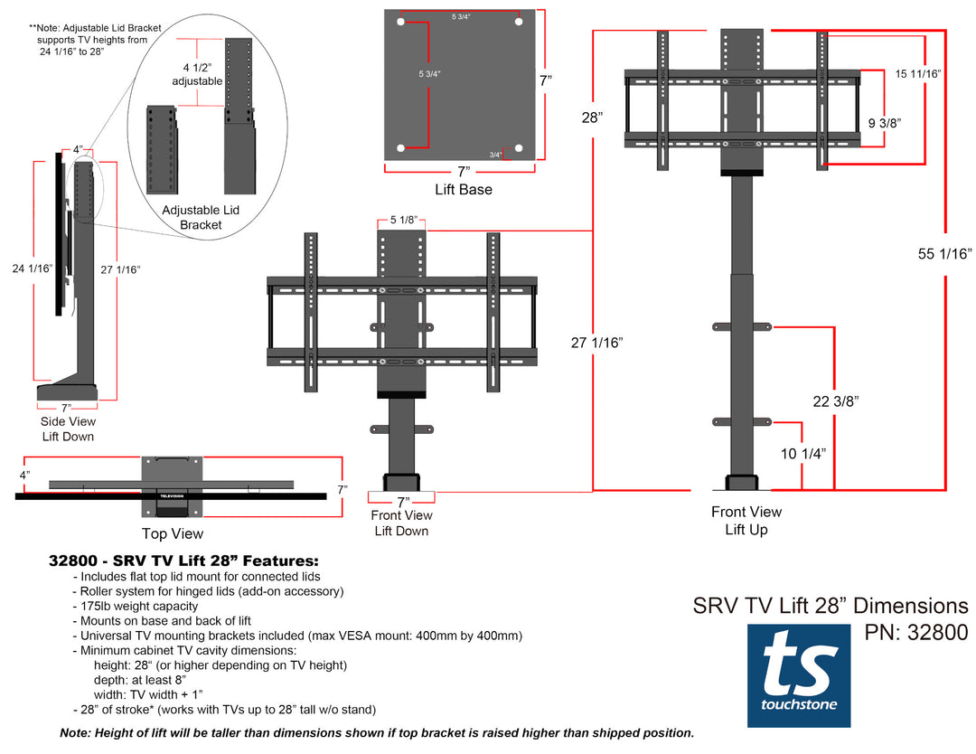 Touchstone SRV Smart WIFI Pro TV Lift Mechanism 32800 spec sheet