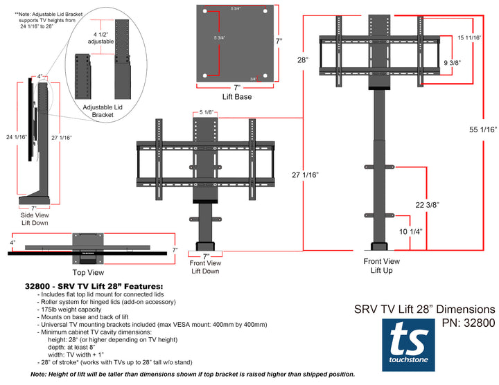 Touchstone SRV Smart WIFI Pro TV Lift Mechanism 32800 spec sheet