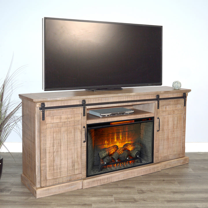 Sunny Designs 78" Desert Rock Media Console with Electric Fireplace K3648DR-S in room with TV on console